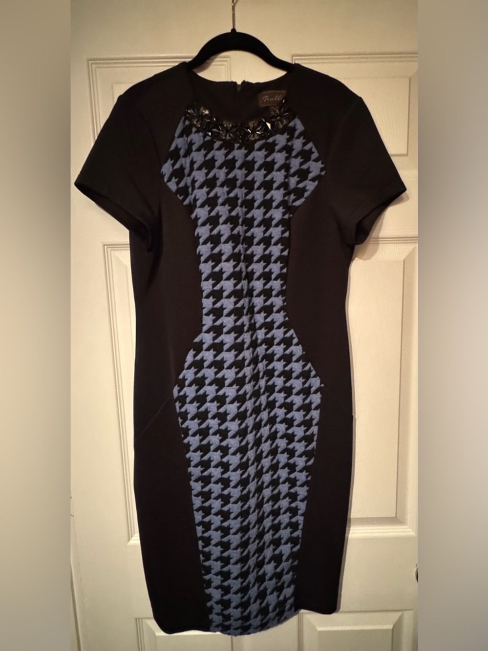 Trulli Sz 14 Black Dress w/ Blue Houndstooth Panel w/ jewels- Midi Sheath Dress